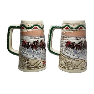 Pair of 1996 Christmas Budweiser Ceramarte Ceramic Beer Steins 6 7/8” Horse